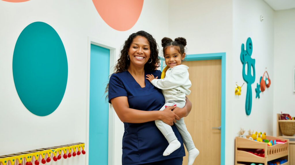 Smiling pediatric nurse holding a happy young child in a bright, welcoming PPEC lobby in Hollywood, FL