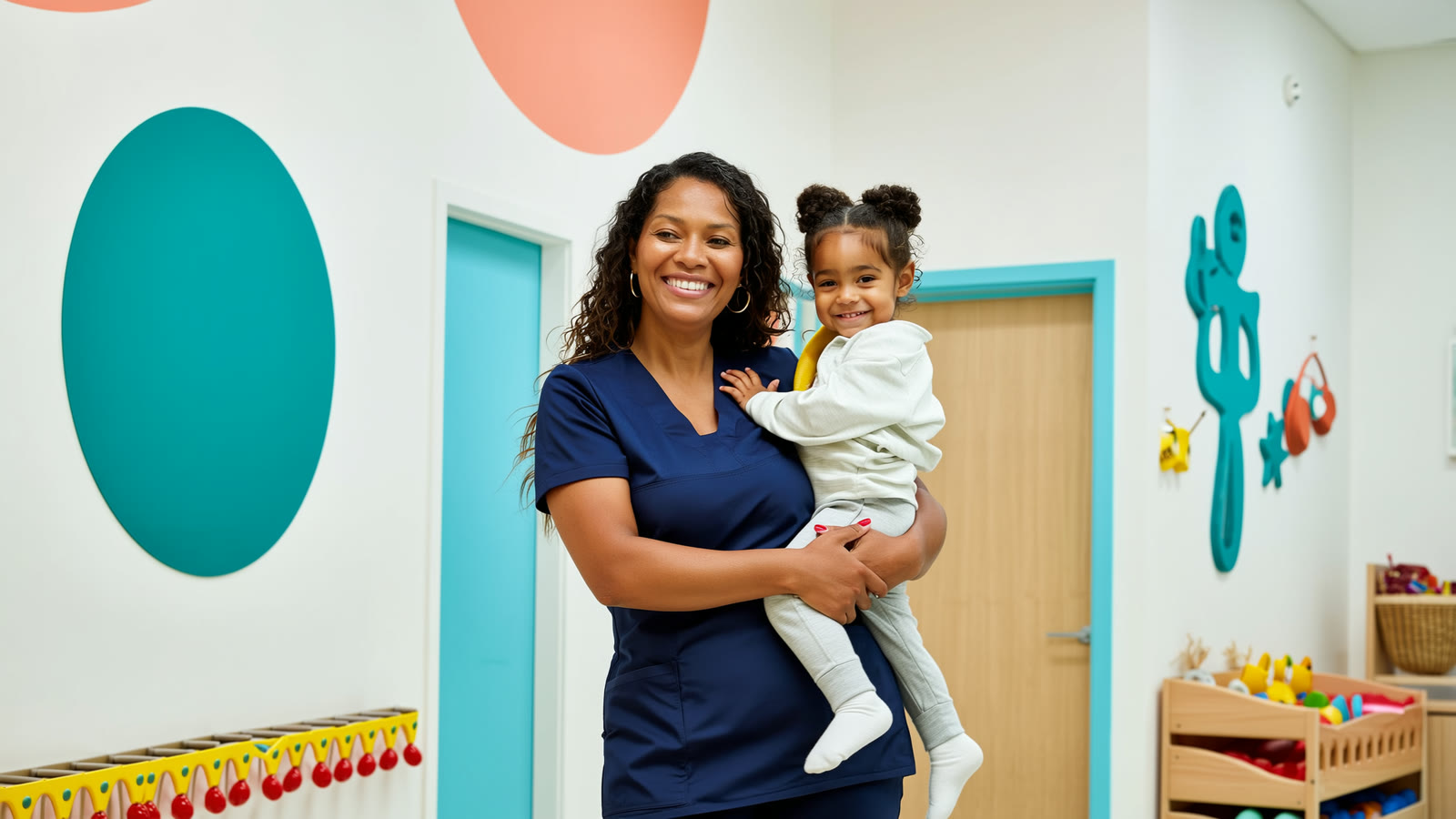 Smiling pediatric nurse holding a happy young child in a bright, welcoming PPEC lobby in Hollywood, FL