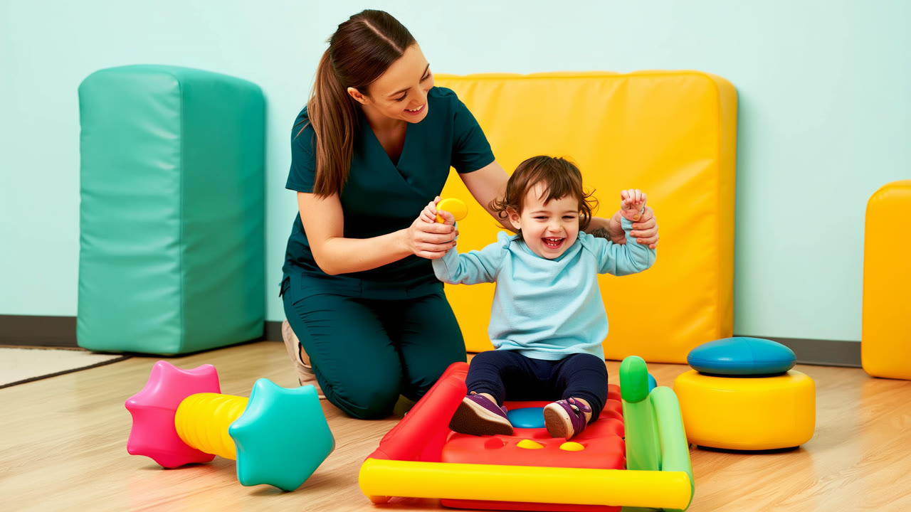 Pediatric therapist guiding a happy child through play-based therapy with colorful equipment at a PPEC