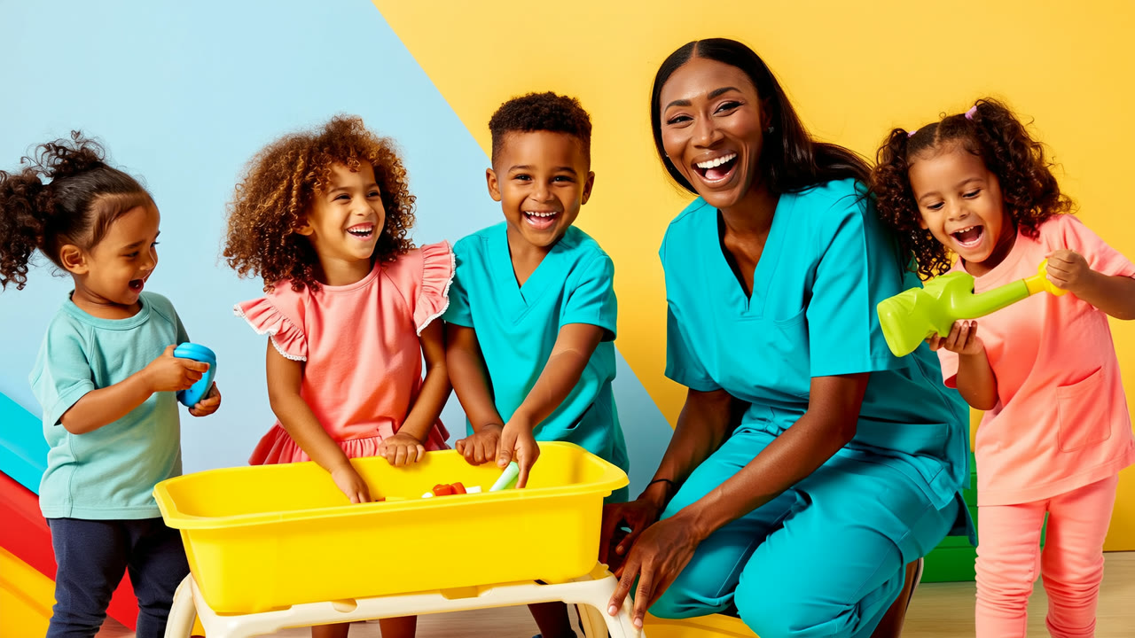 Group of diverse children playing happily with a caregiver at a Medicaid-covered PPEC medical daycare