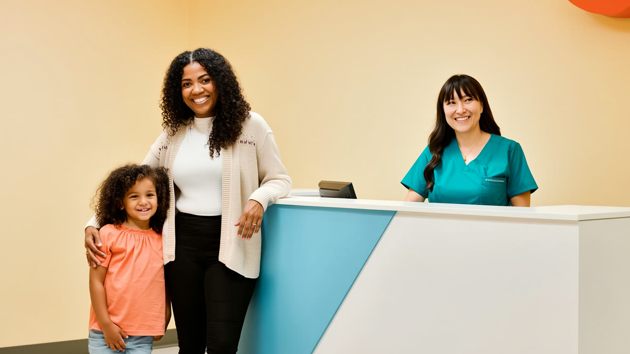 Pediatric nurse warmly talking with a parent at the welcome desk of a PPEC in Hollywood, FL