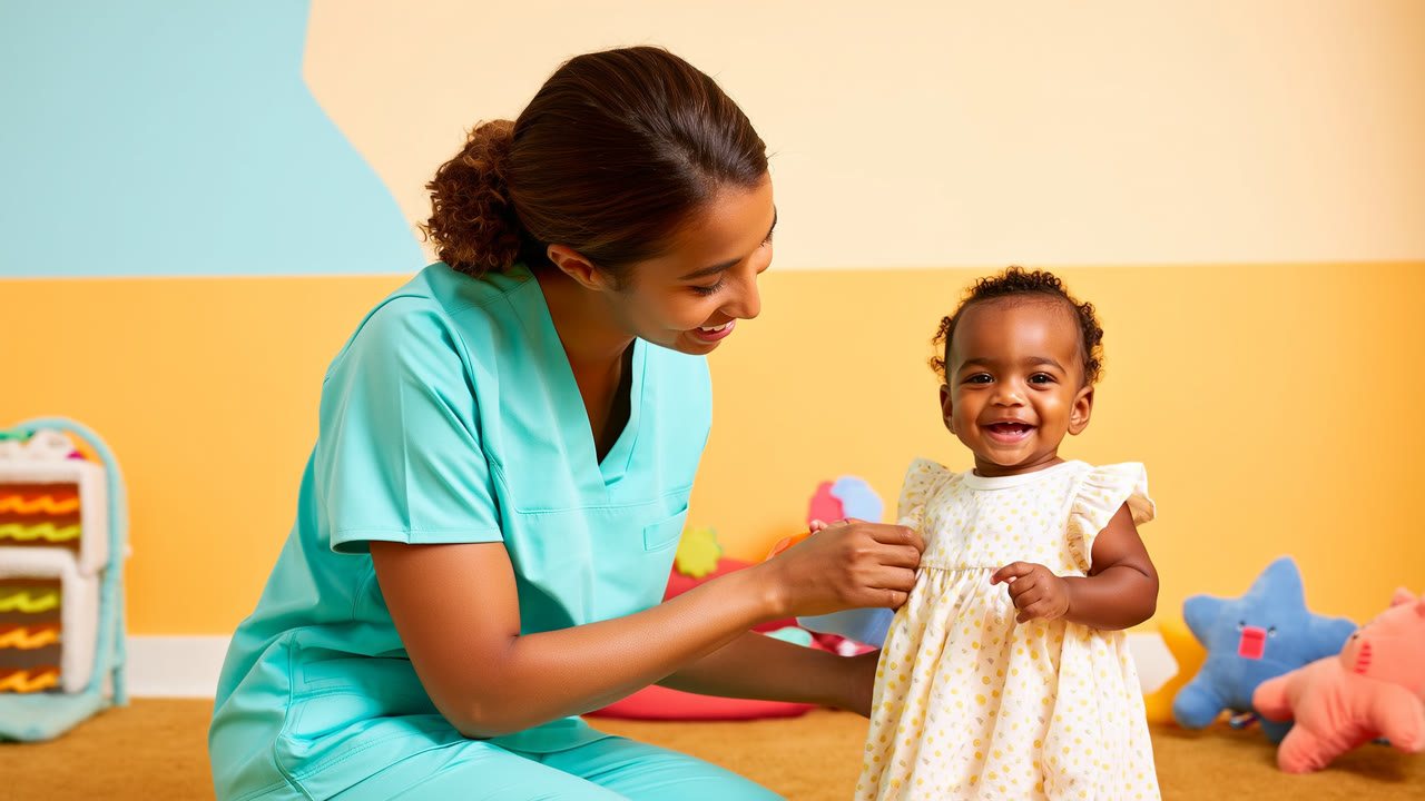 Pediatric nurse in teal scrubs gently caring for a smiling infant at a PPEC center