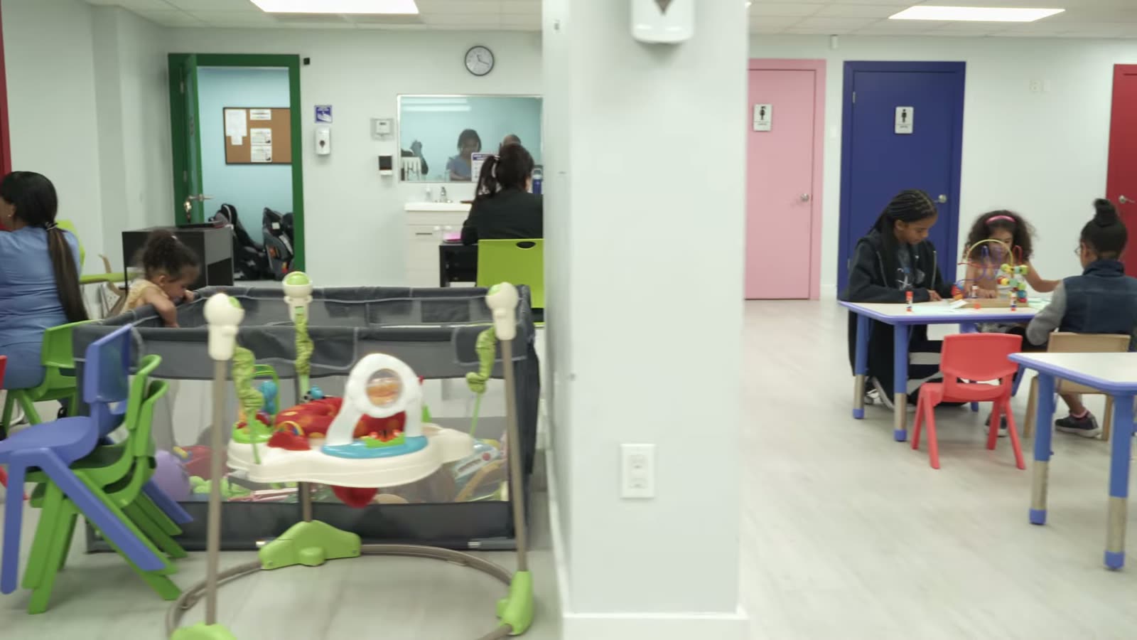 The reception and family lobby at the Peek A Boo Pediatric Care center in Hollywood, Florida